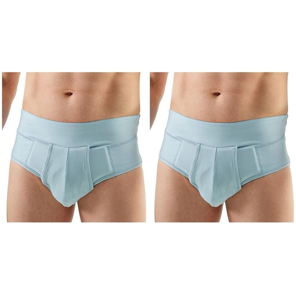 Twee lichtblauwe herenslips met brede tailleband en versterkt voorpand.