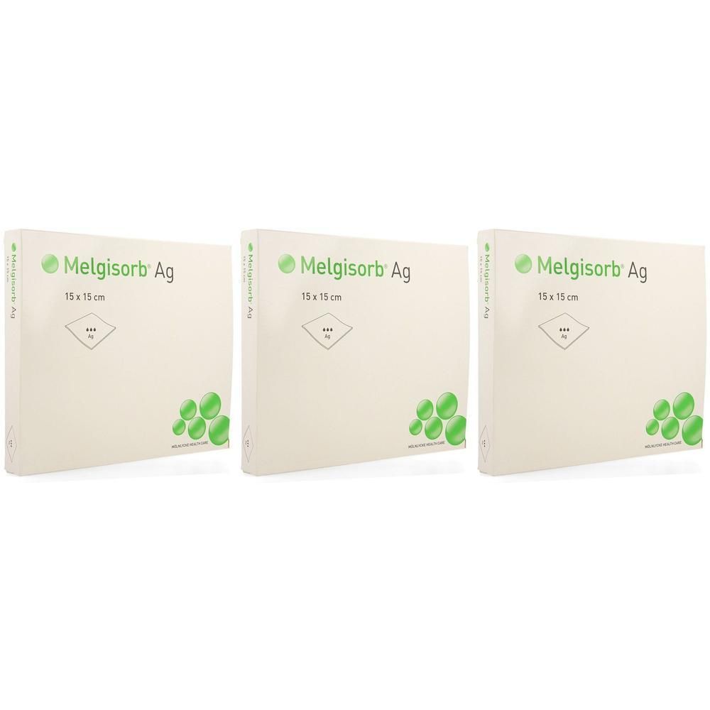 Drie pakken Melgisorb Ag verband, 15x15 cm.