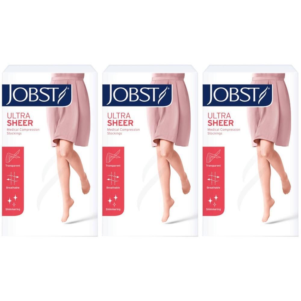 Drie pakken Jobst Ultrasheer steunkousen in huidskleur. Transparante, medische steunkousen.