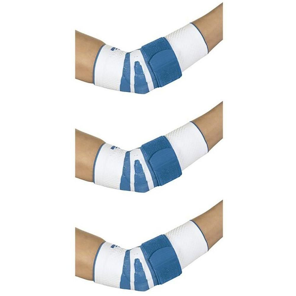 Drie weergaven van een witte elleboogbrace met blauwe accenten, gedragen op een arm.