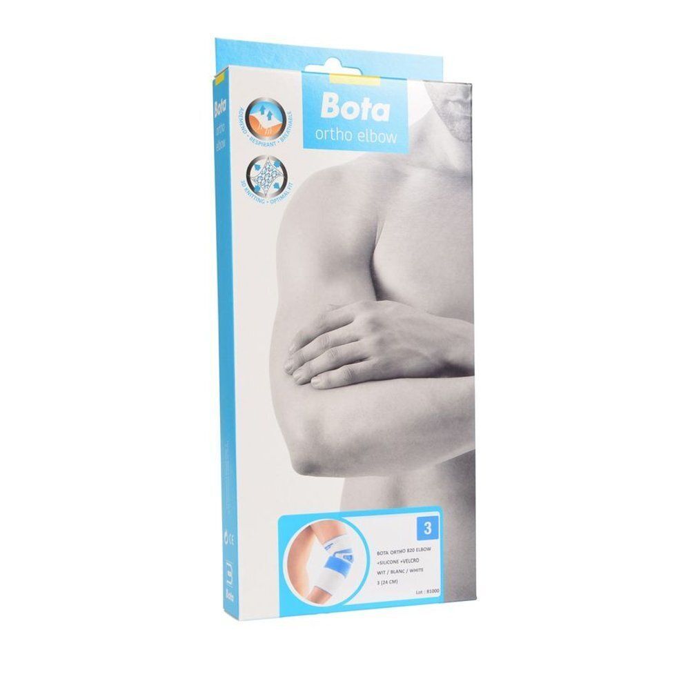 Verpakking van een witte elleboogbrace met blauwe accenten, maat 3.