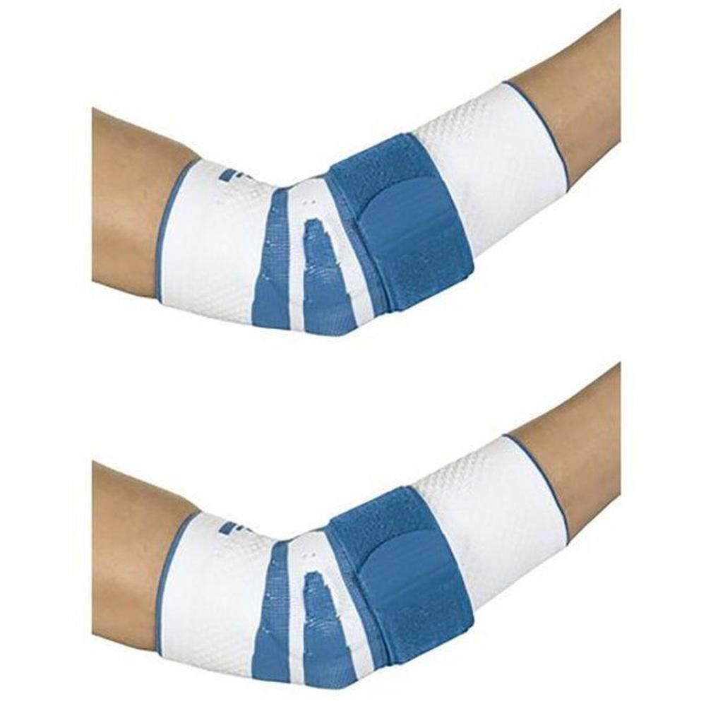 Twee witte elleboogbraces met blauwe verstevigingen en klittenbandsluitingen, gedragen op menselijke armen.