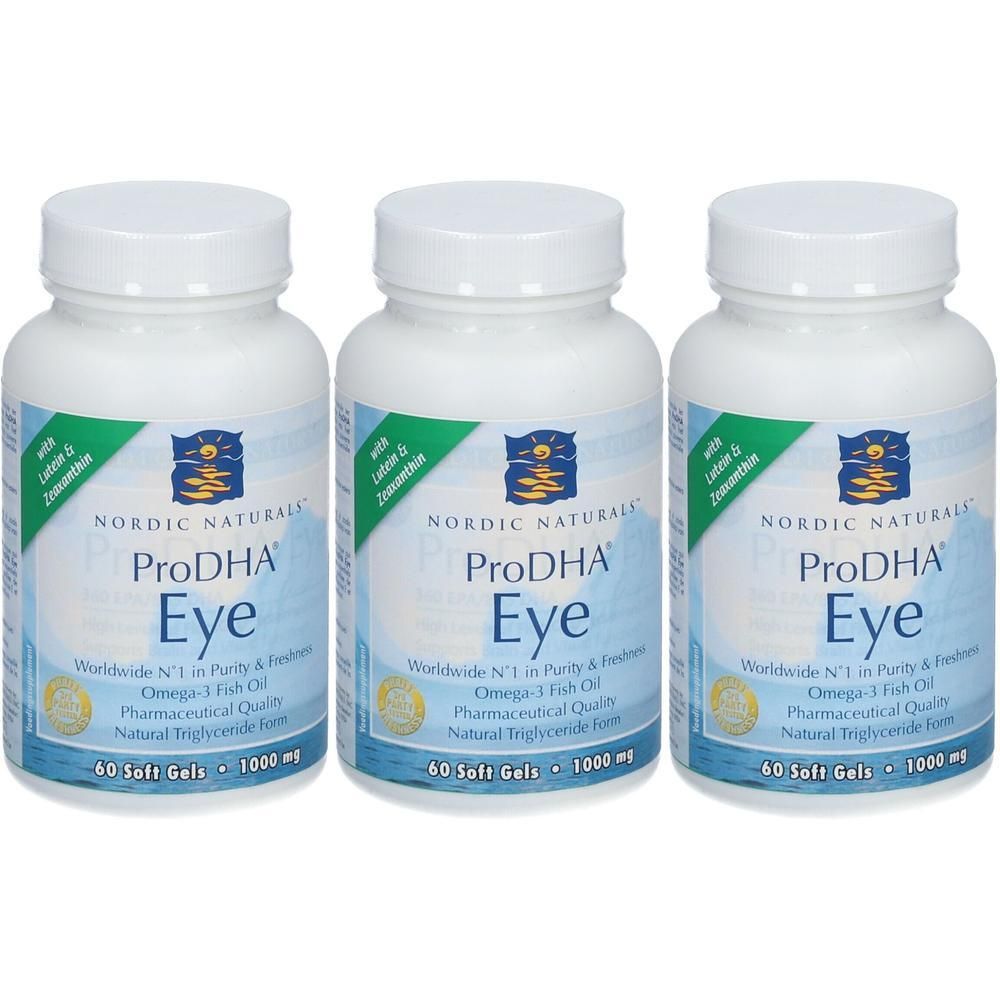 Drie flessen Nordic Naturals ProDHA Eye Softgels, 60 softgels per fles, 1000 mg.