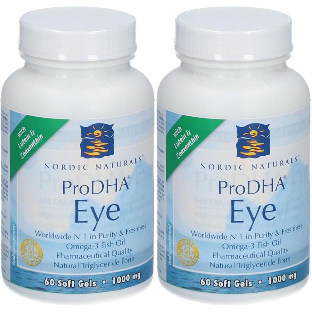 Twee flessen Nordic Naturals ProDHA Eye Softgels, 60 softgels per fles, 1000 mg.