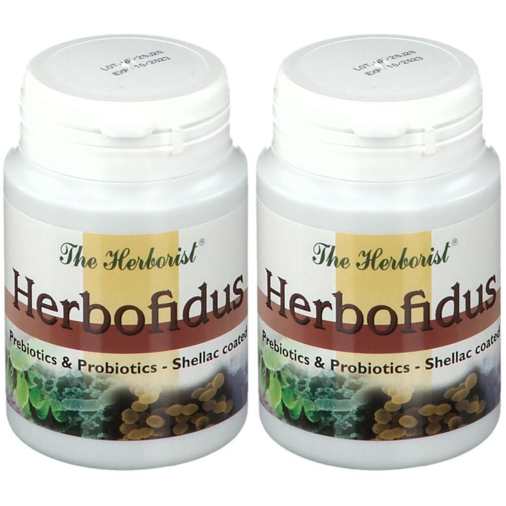 Deux bouteilles de Herborist Herbofidus Prebiotics & Probiotics.