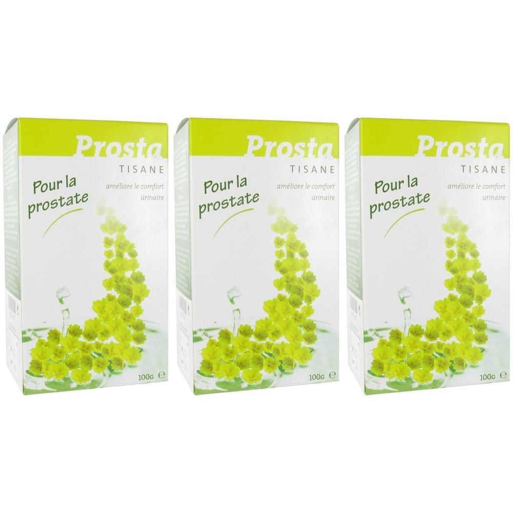 Trois boîtes de Prosta Tisane pour la prostate, avec motifs de plantes vertes et indication de 100g.