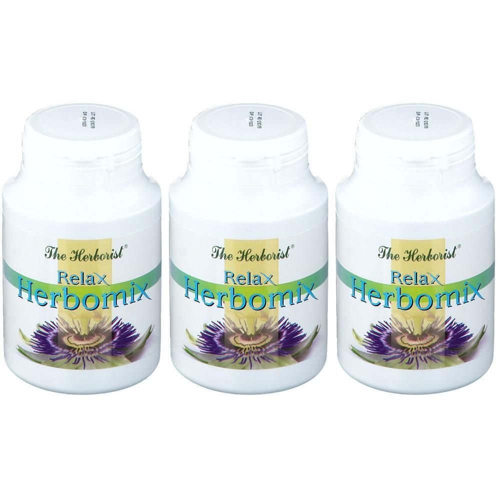 Trois contenants blancs avec l'étiquette 'The Herborist Relax Herbomix' et une illustration de fleur de la passion.