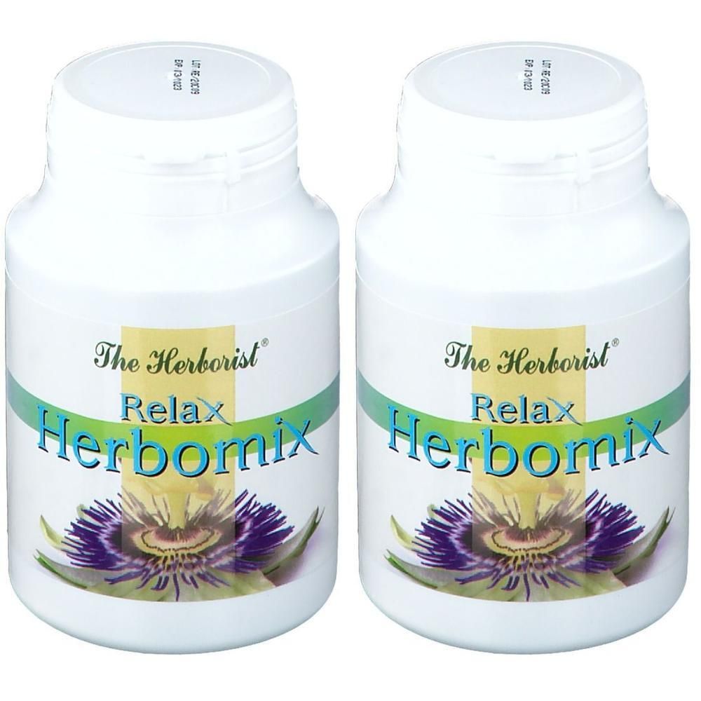 Twee witte potjes met opschrift "The Herborist Relax Herbomix" en een passiebloemillustratie.
