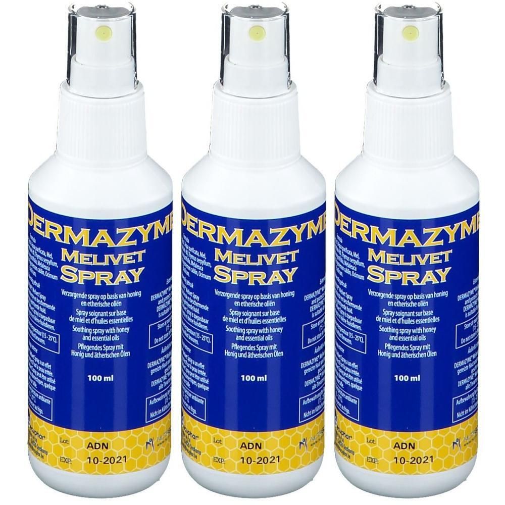 Trois flacons de spray Dermazyme Melivet avec têtes de pulvérisation. Étiquettes bleues avec écriture blanche et motifs de nid d'abeille jaunes.