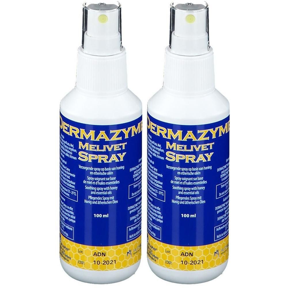 Twee sprayflessen Dermazyme Melivet Spray, 100 ml.