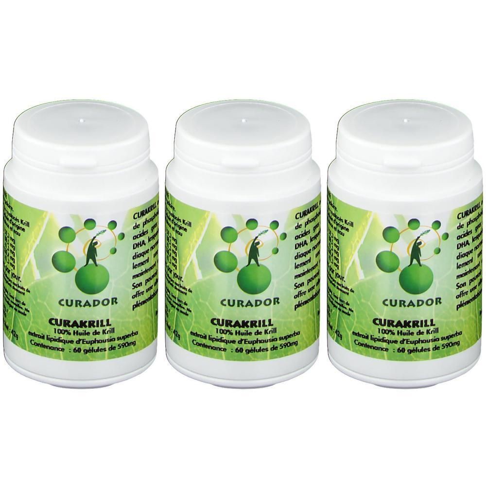 Trois contenants de Curakrill Softgels 500mg avec étiquettes montrant une structure moléculaire verte et un homme sur une sphère.