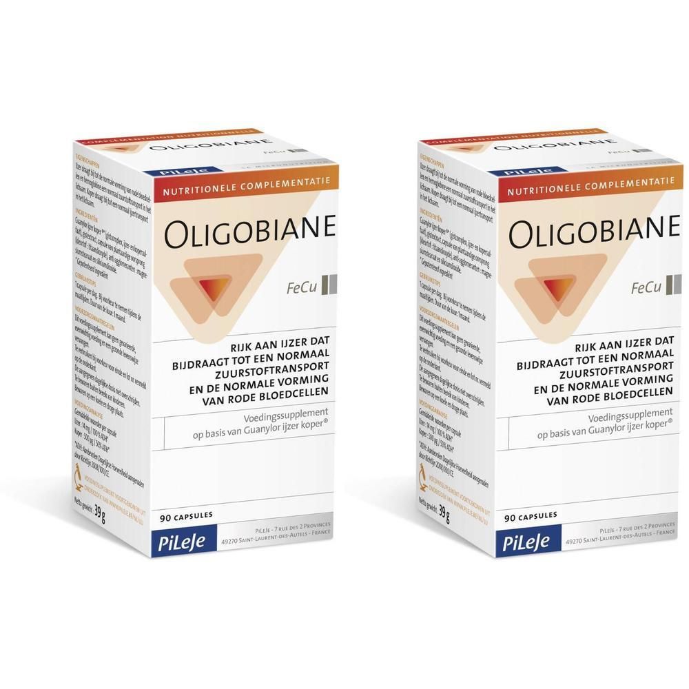 Twee doosjes Oligobiane Fe Cu, voedingssupplement van 90 capsules.