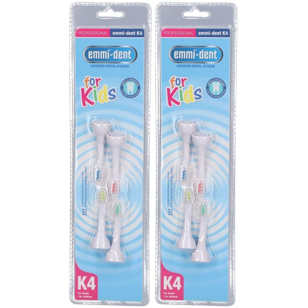 Twee pakken met elk vier Emmi-Dent K4 opzetborstels voor kinderen, wit met gekleurde borstelharen.