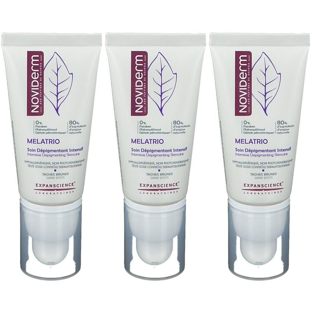 Trois tubes de Noviderm Melatrio Soin Dépigmentant Intensif avec motif feuille et texte.