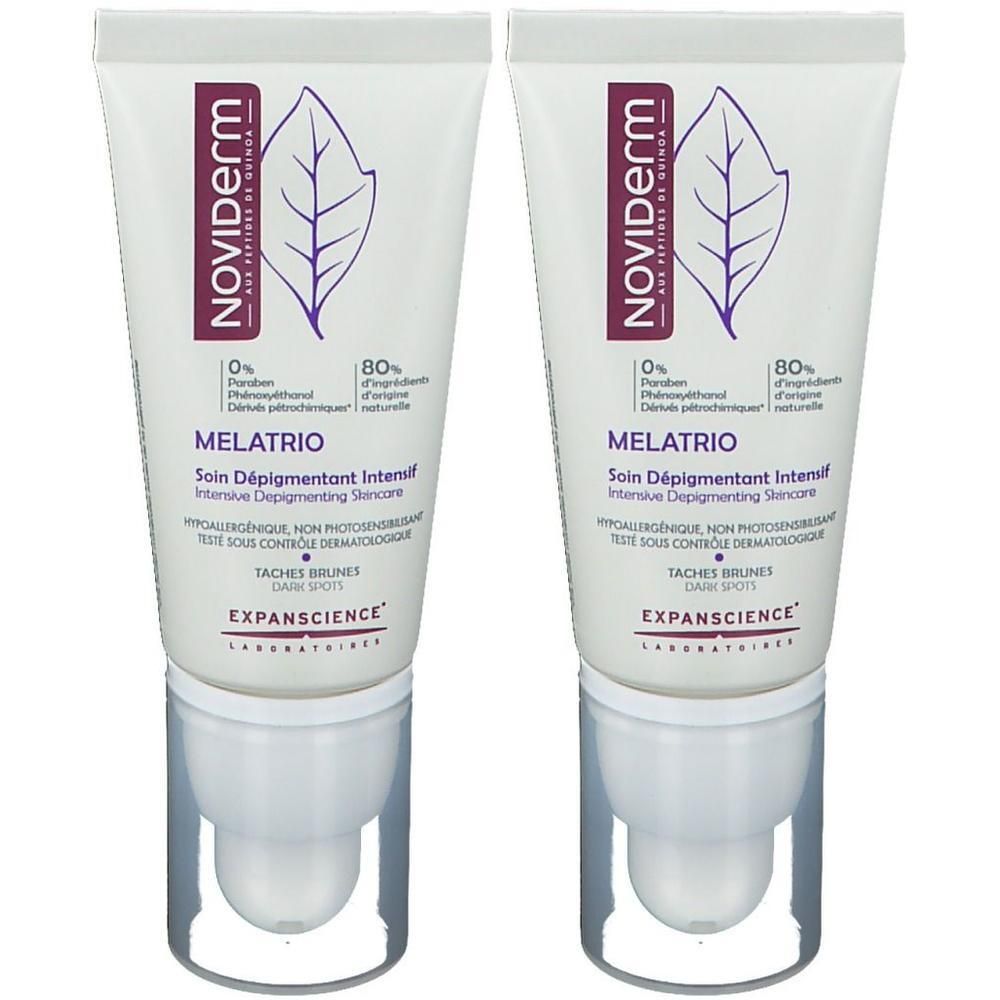 Deux tubes Noviderm Melatrio Soin Dépigmentant Intense avec distributeur pompe.