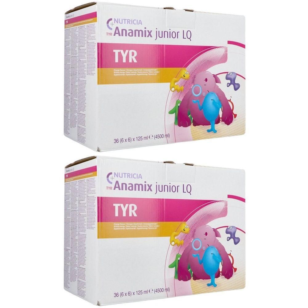 Twee pakken Nutricia Anamix junior LQ TYR. Elk pak bevat 36 x 6 x 125 ml.