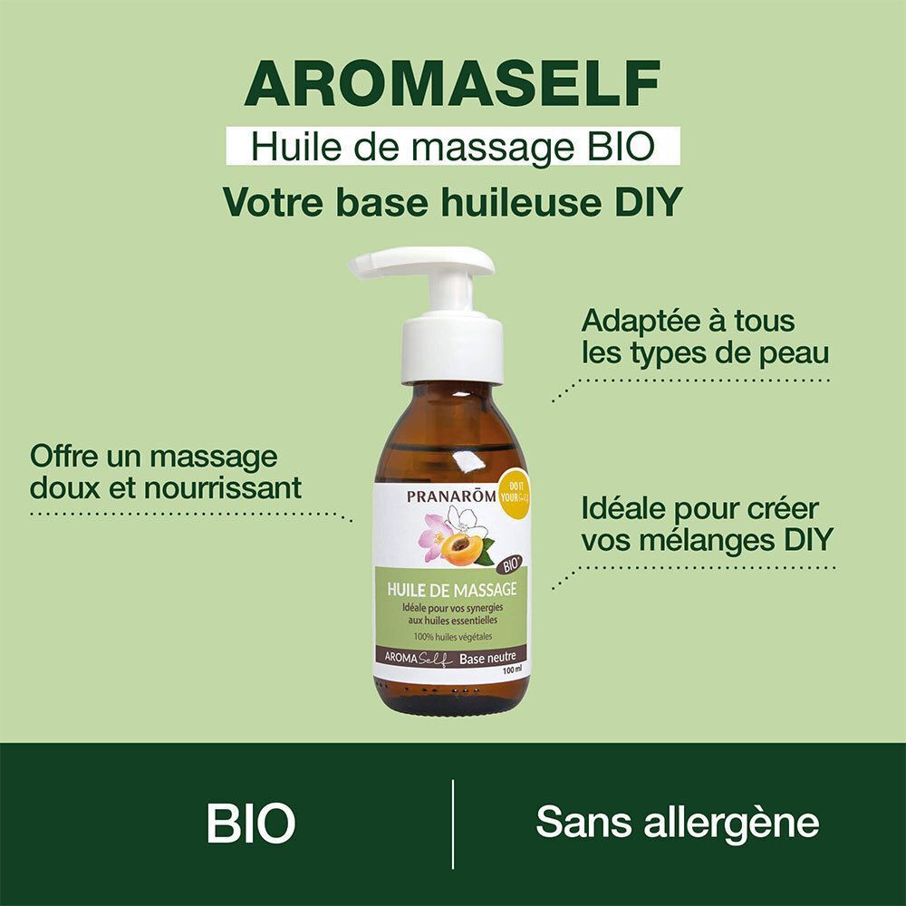 Flacon d'huile de massage Aromaself Pranarôm avec pompe, label BIO.