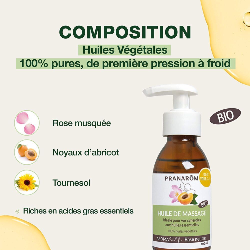 Flacon d'huile de massage Aromaself Pranarôm avec pompe et images d'ingrédients.