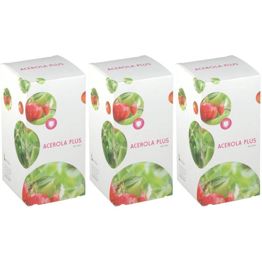 Trois boîtes d'Urmale Acerola Plus avec des cerises et feuilles d'acérola.