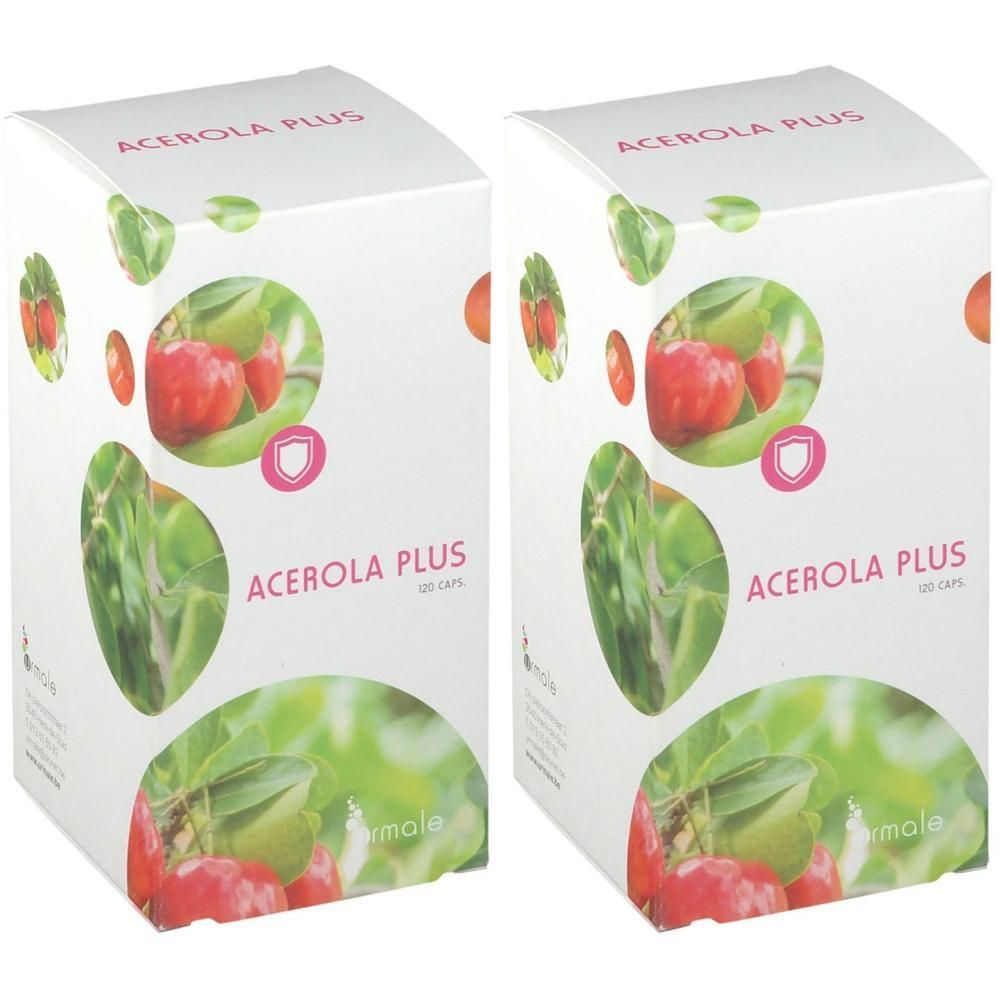 Twee verpakkingen Acerola Plus capsules met acerola kersen en bladeren op de verpakking.