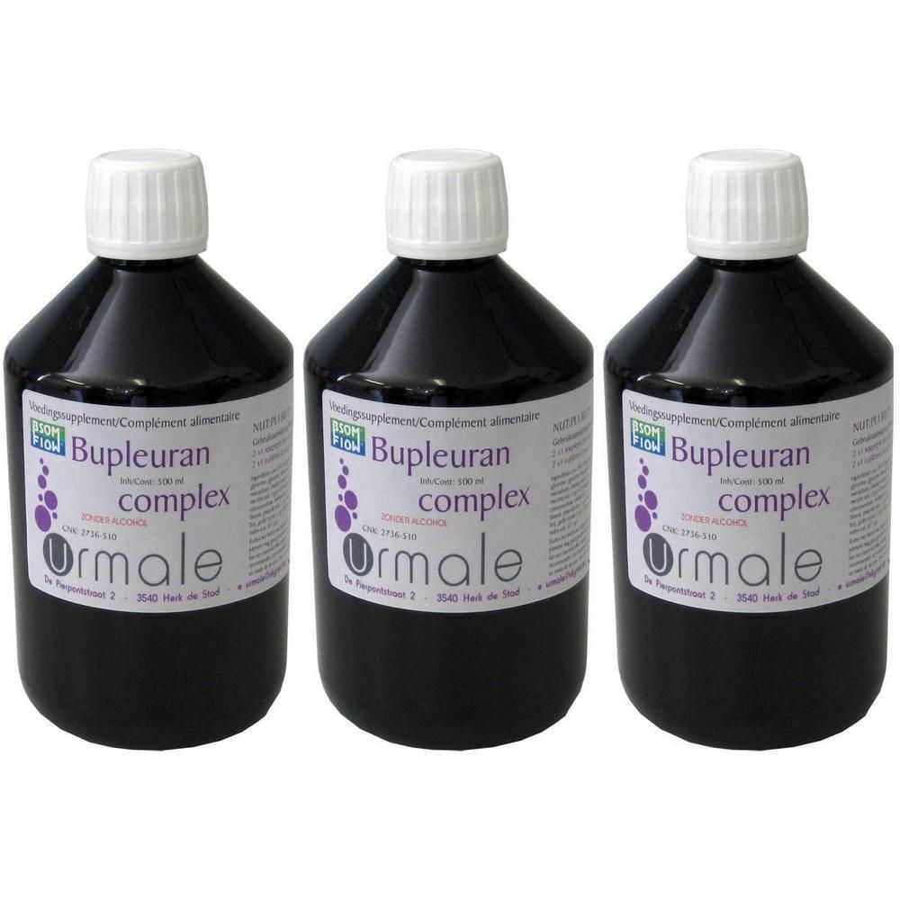 Trois bouteilles foncées à bouchon blanc, étiquettes 'Bupleuran complex' et 'Ormale'.