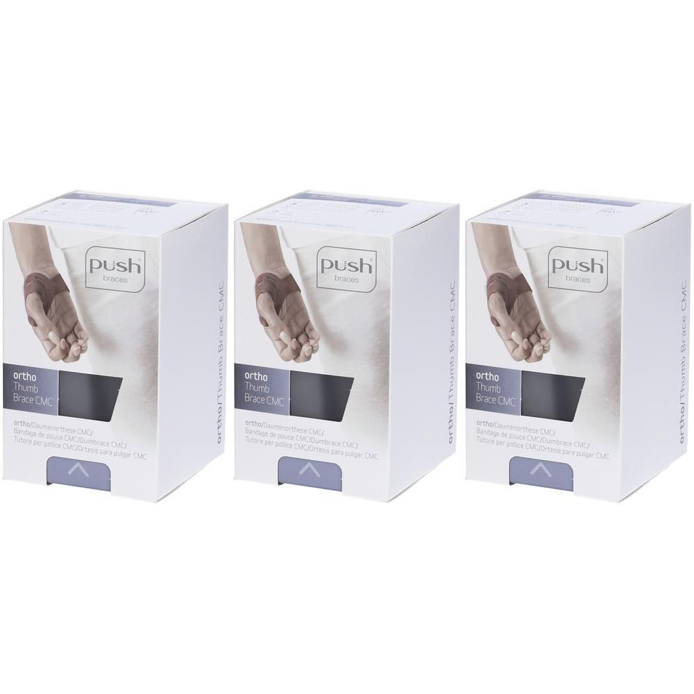 Trois boîtes de Push Bandage Ortho CMC Pouce Gauche. Montre une main avec bandage.