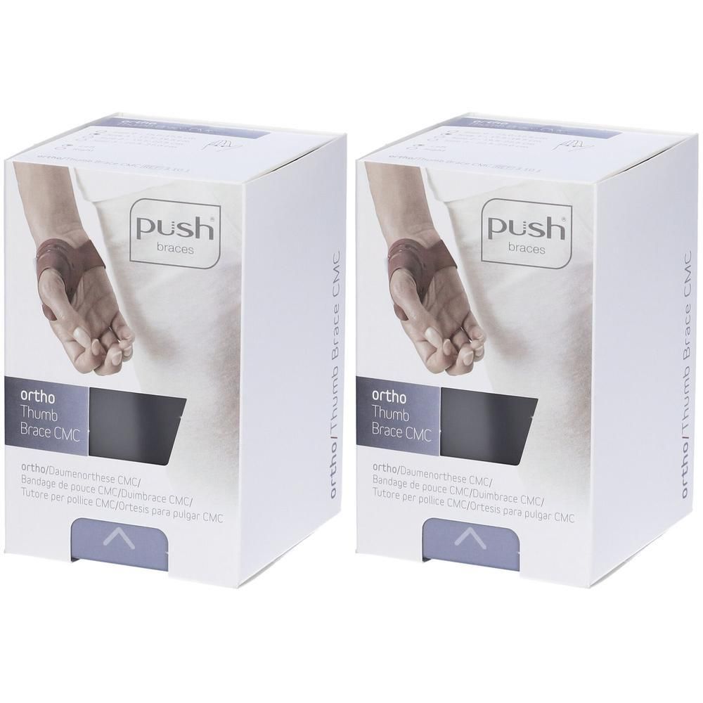 Twee verpakkingen Push Ortho Duimbrace CMC. Toont een hand met brace.