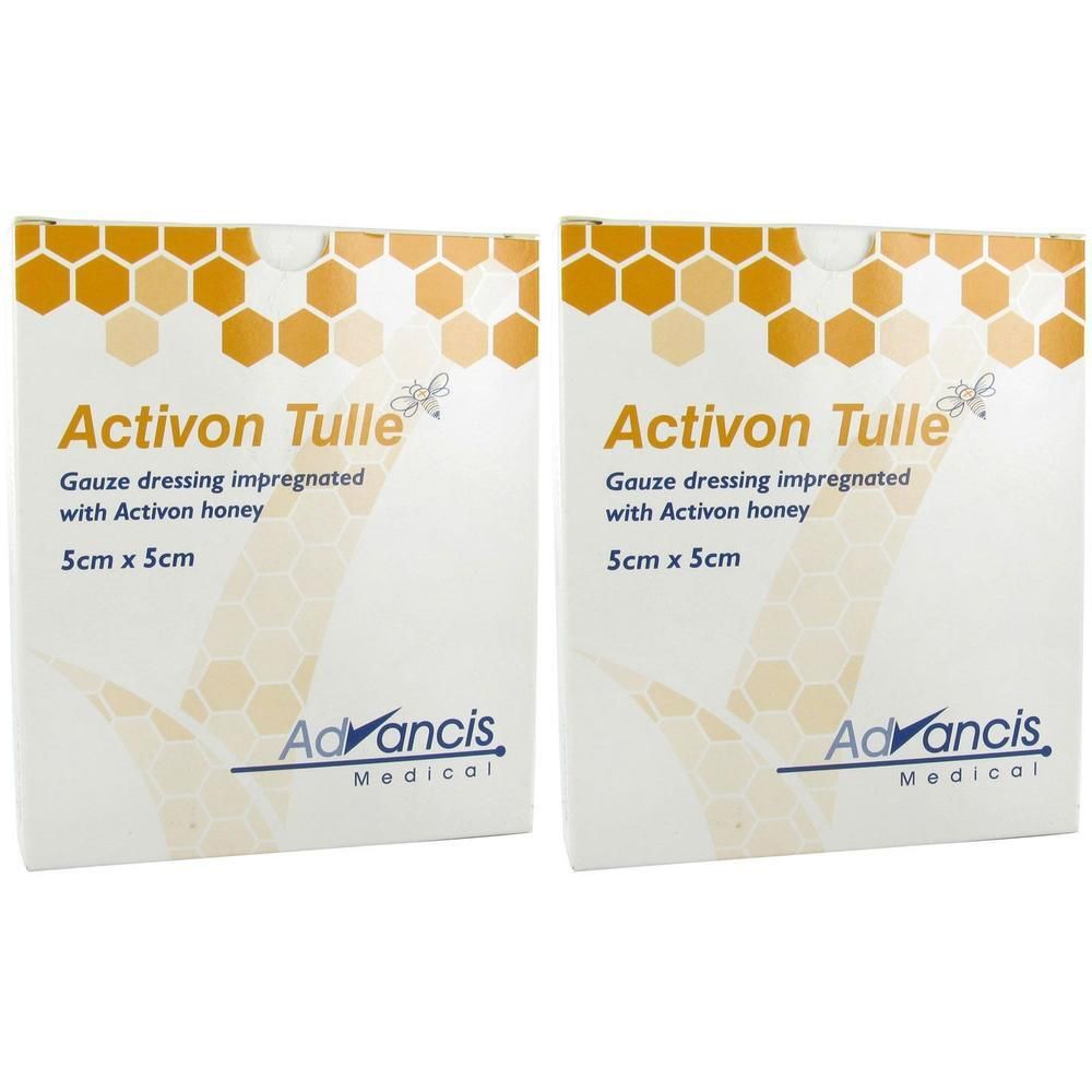 Deux paquets de pansement Activon Tulle, imprégné de miel, 5cm x 5cm.