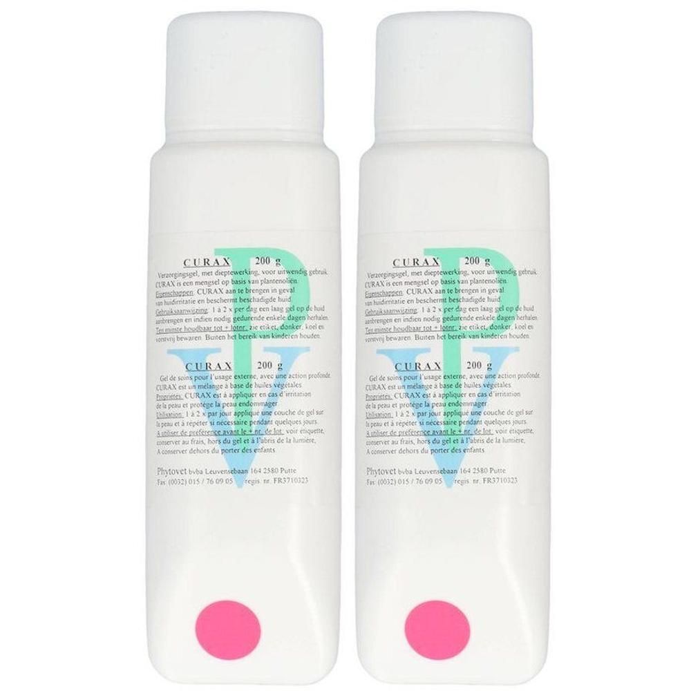 Deux flacons blancs de 200g de gel Curax chacun. Cercles roses en bas.