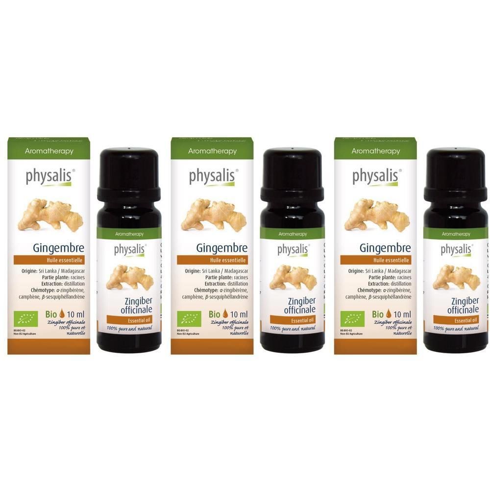 Cinq flacons d'huile essentielle de gingembre Physalis, 10 ml, avec image de gingembre et label Bio.