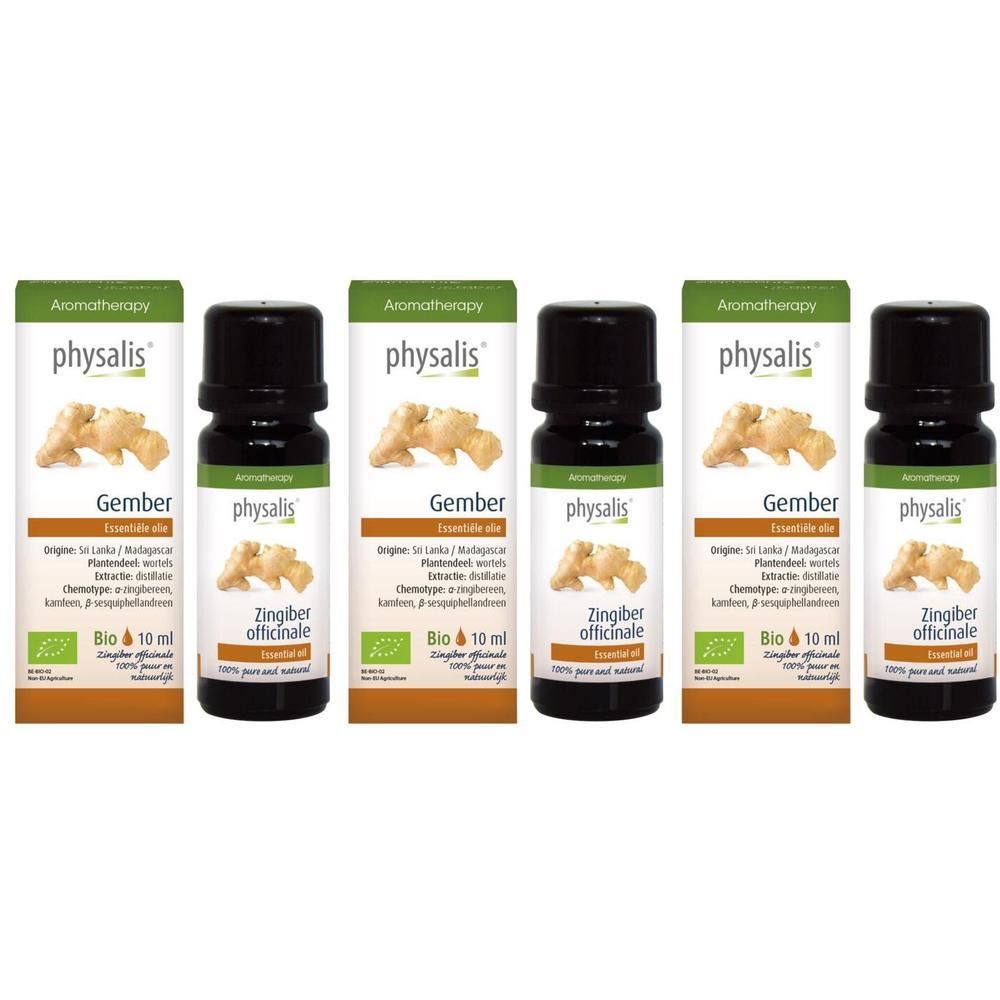 Vijf flesjes Physalis Gember Essentiële Olie, 10 ml, met gemberafbeelding en bio-keurmerk.