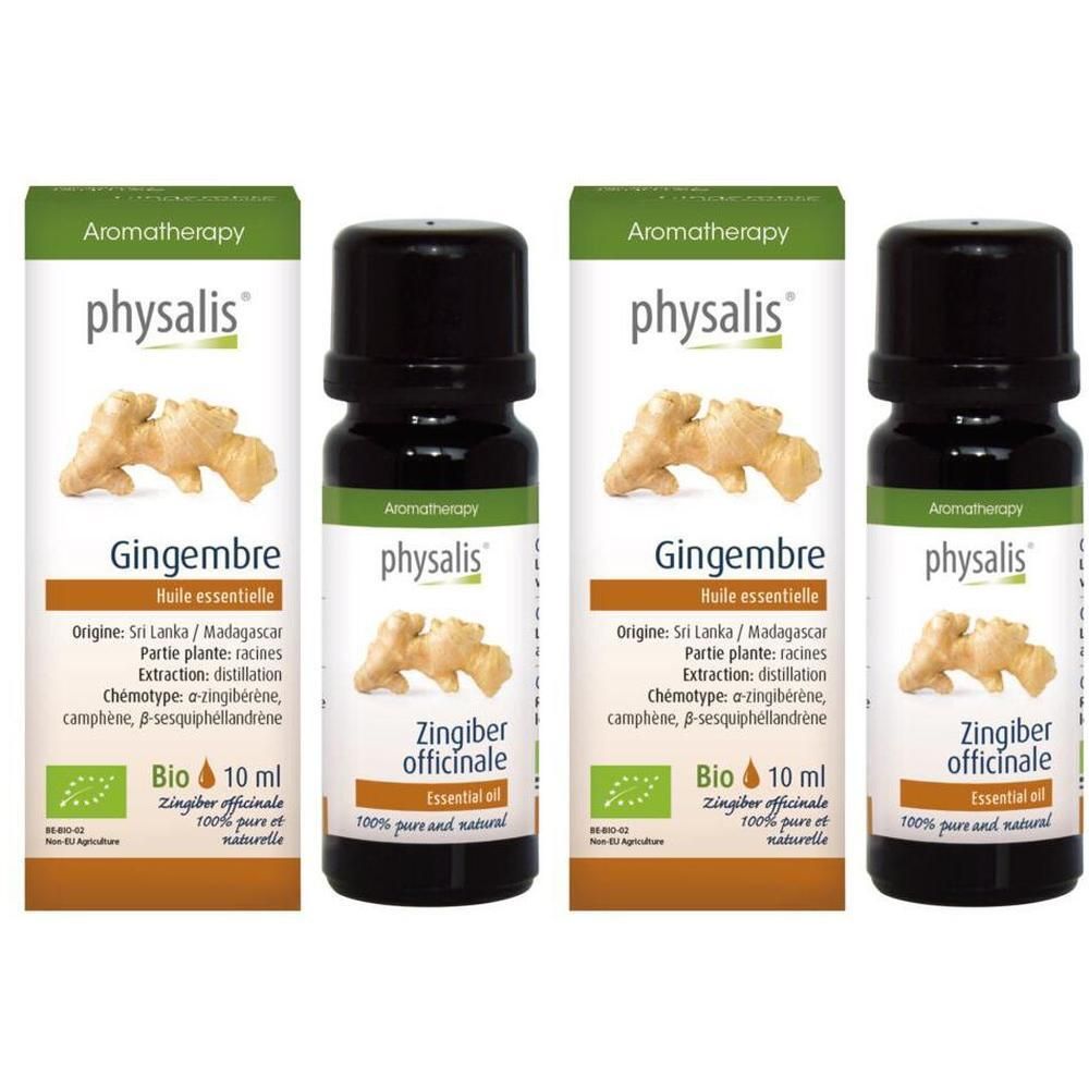 Quatre flacons d'huile essentielle de gingembre Physalis. Chaque flacon présente une image de racines de gingembre et un label Bio.
