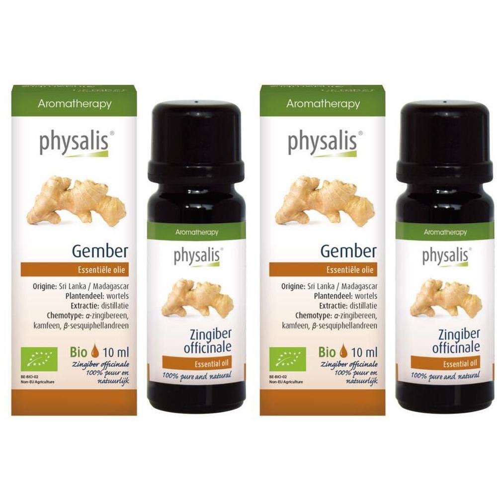 Vier flessen Physalis Gember Essentiële Olie. Elke fles toont een afbeelding van gemberwortels en een Bio-keurmerk.