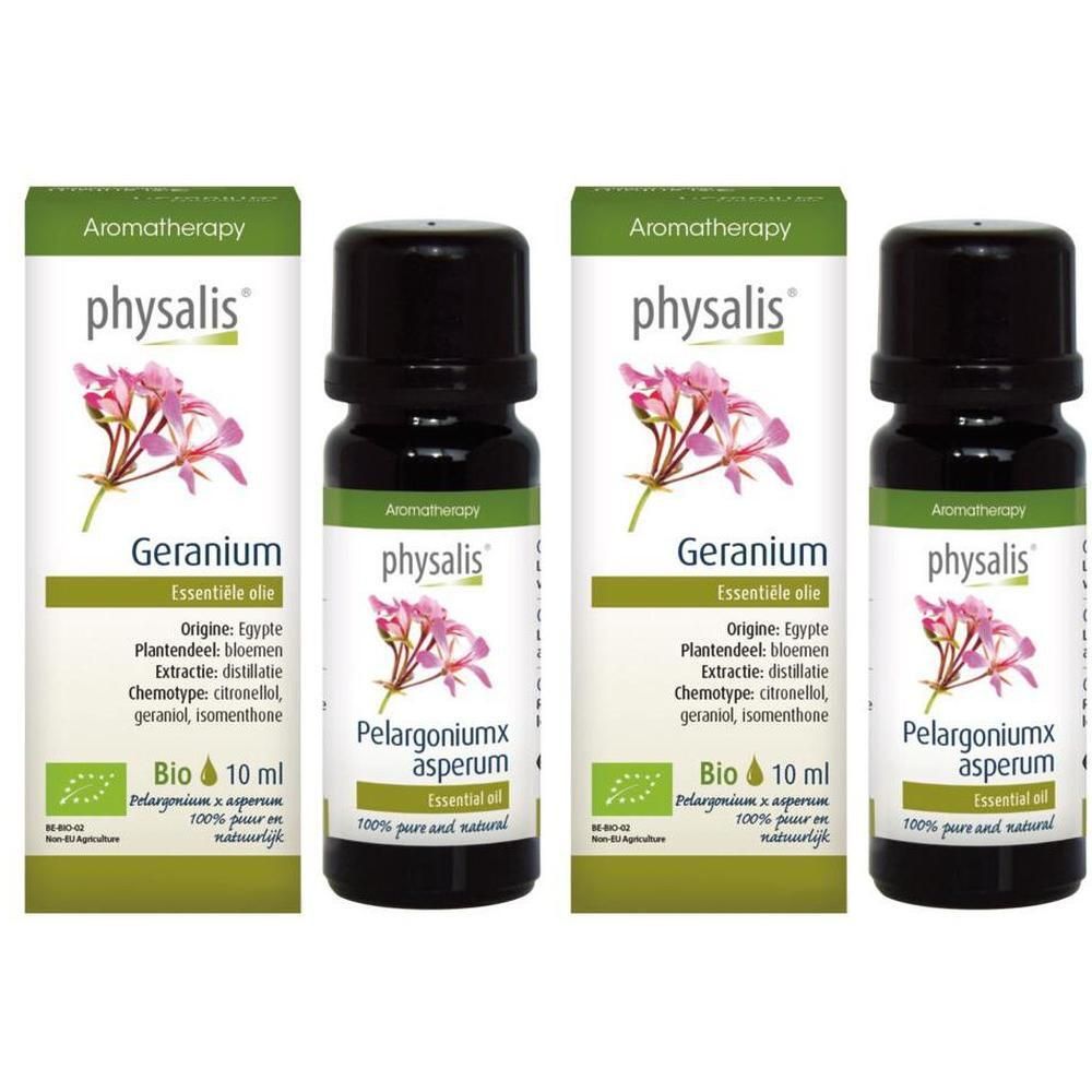 Vier flessen Physalis Geranium Essentiële Olie. Elke fles bevat 10 ml. Aromatherapie product.