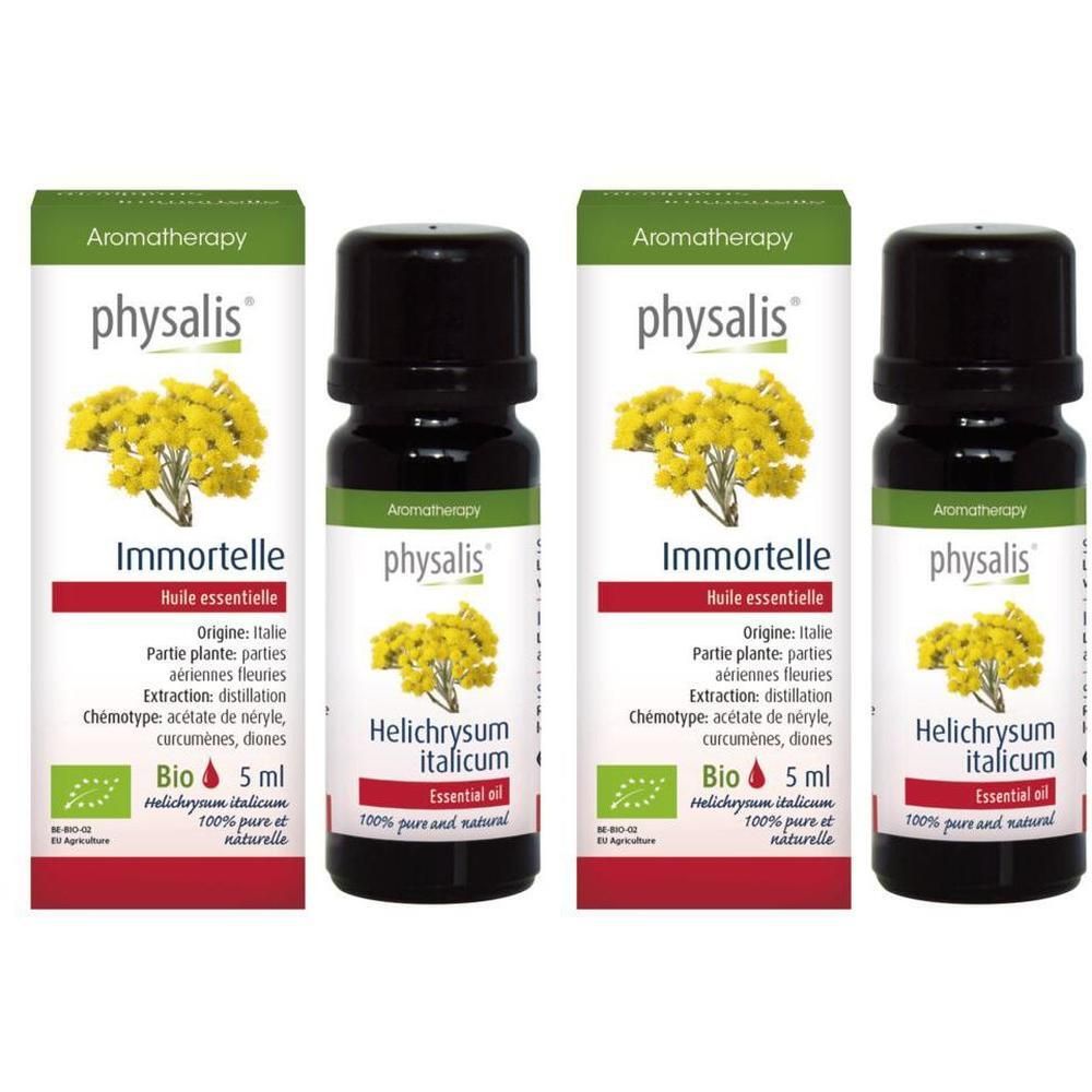 Quatre flacons d'huile essentielle Physalis Immortelle. Chaque flacon montre une fleur jaune et un label Bio.