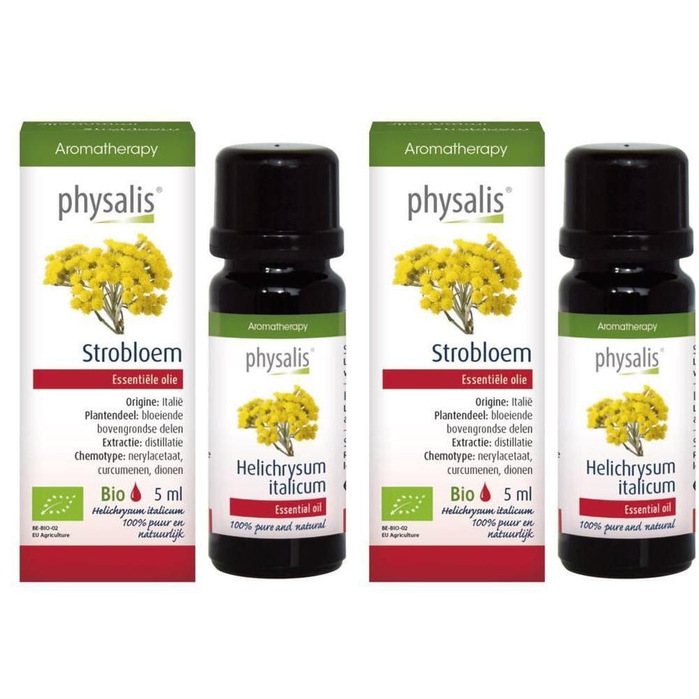 Vier flessen Physalis Stroebloem etherische olie. Elke fles toont een gele bloem en een Bio-keurmerk.