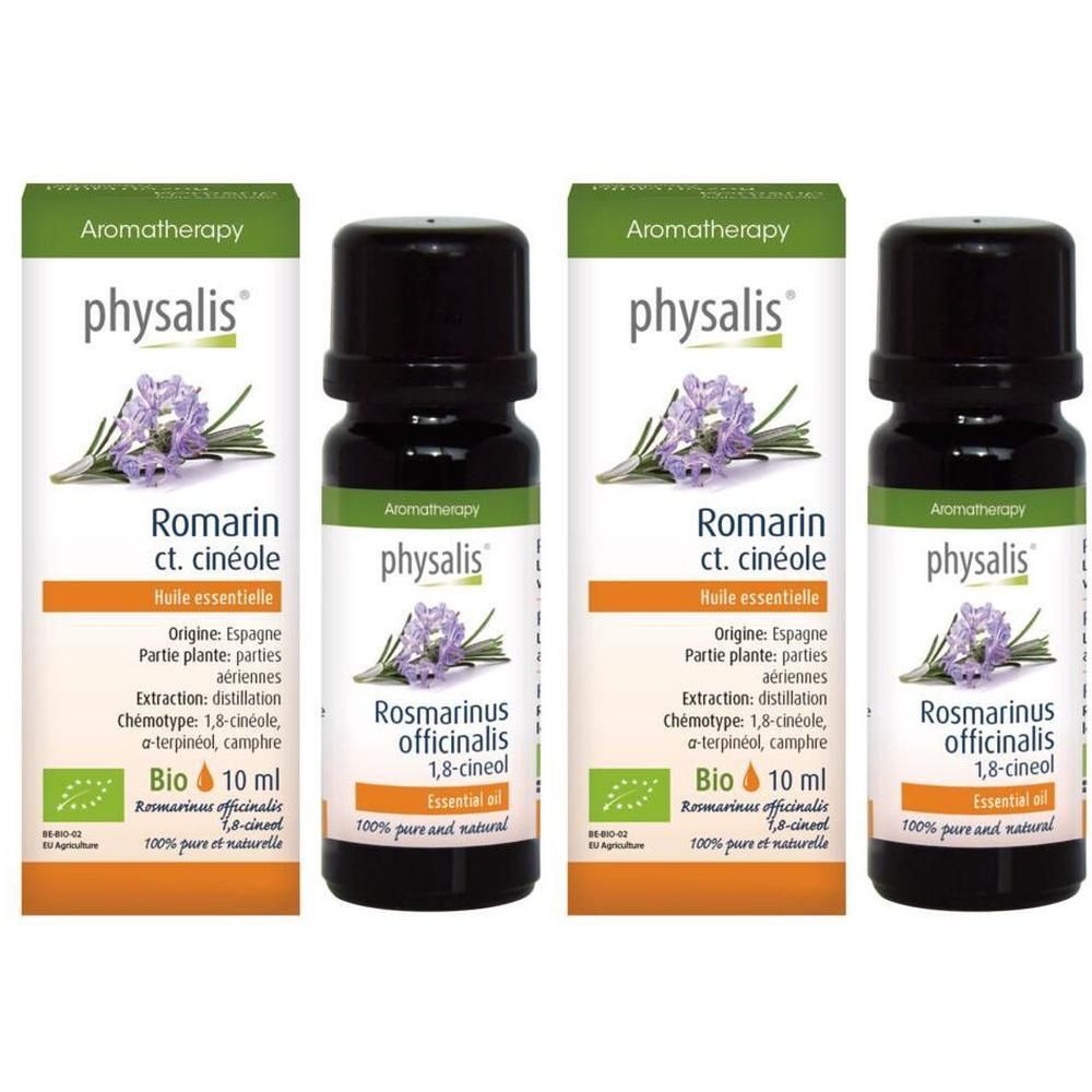 Quatre flacons d'huile essentielle Bio Physalis Romarin ct. Cinéole. Chaque flacon contient 10 ml.