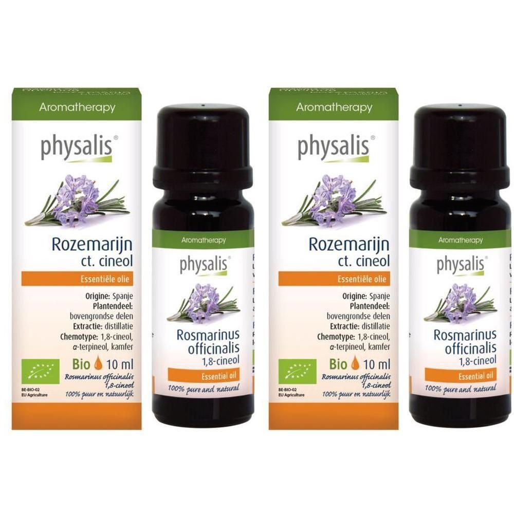 Vier flesjes Physalis Rozemarijn ct. Cineool biologische etherische olie. Elke fles bevat 10 ml.
