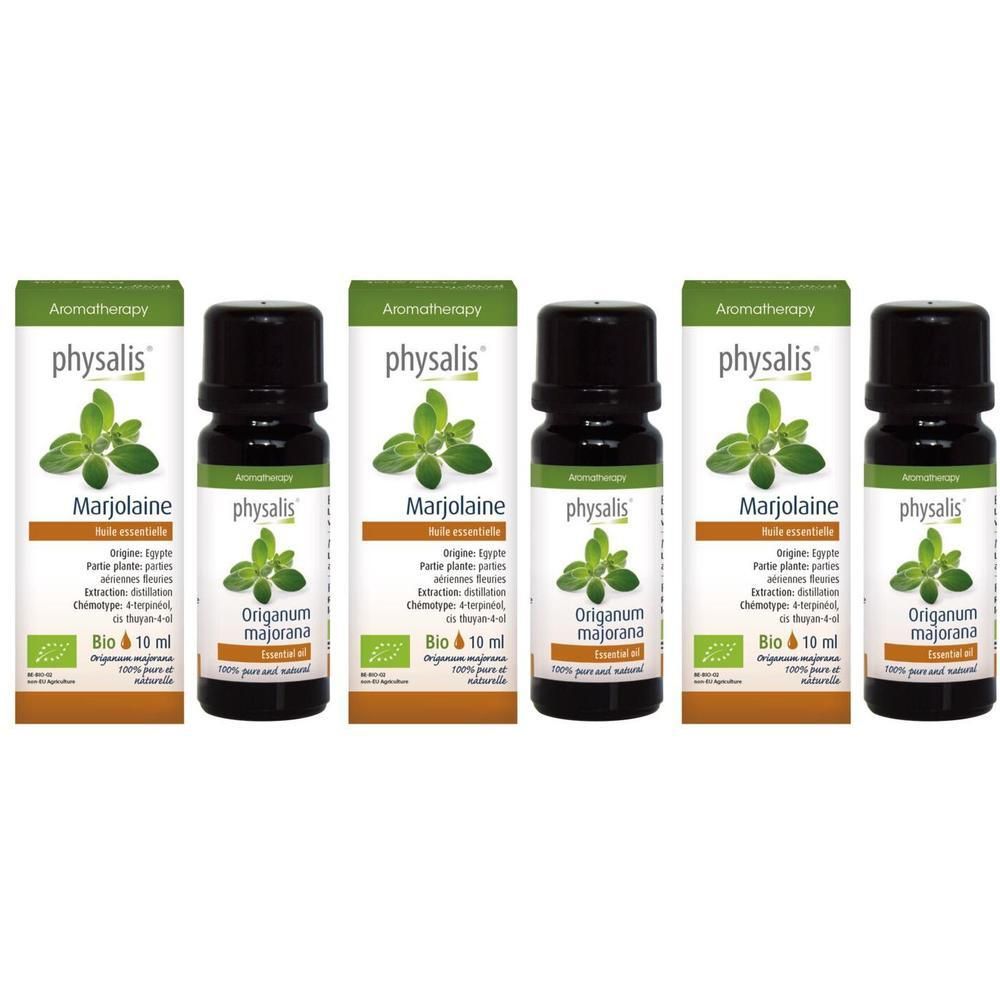 Trois flacons Physalis Marjolaine huile essentielle, 10 ml.