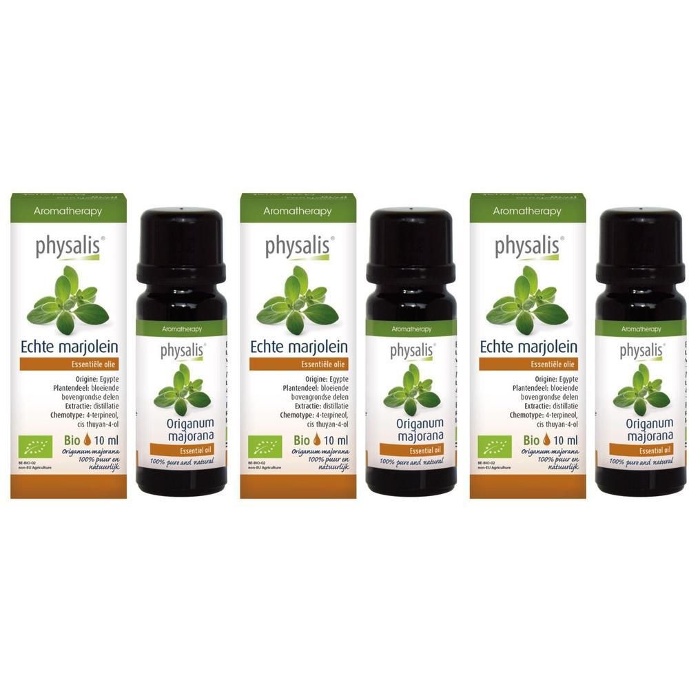 Vier flesjes Physalis Marjolein etherische olie, 10 ml.