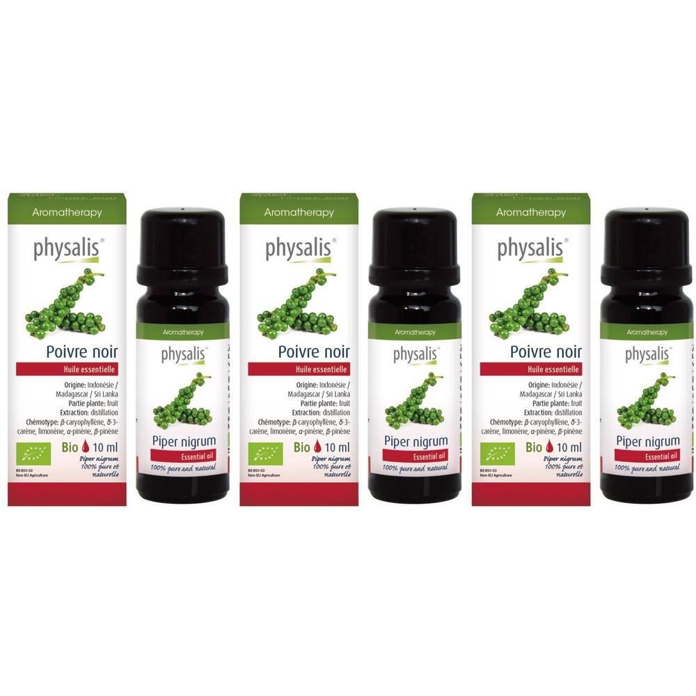 Trois flacons d'huile essentielle de poivre noir Bio Physalis, 10 ml.