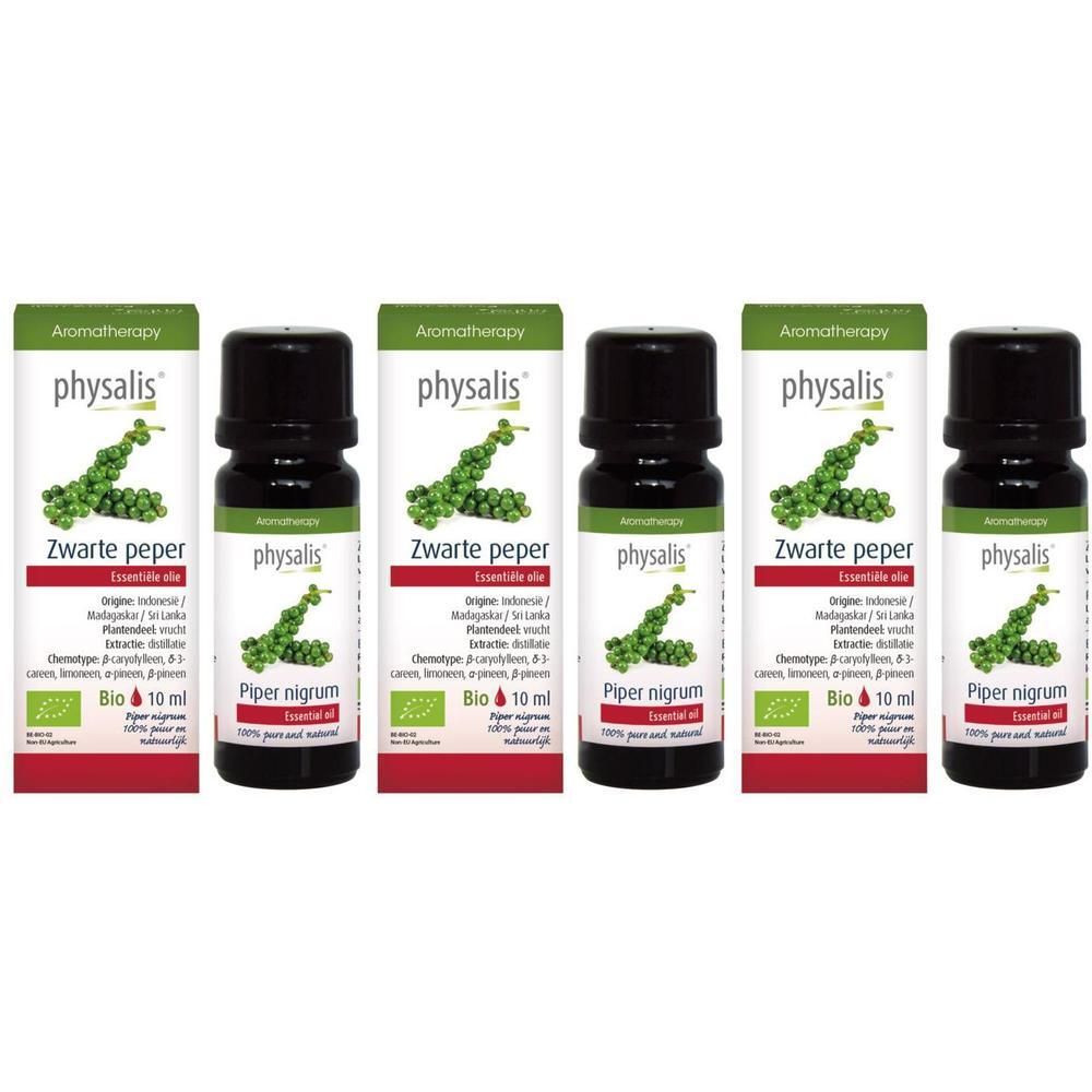 Drie flesjes Physalis Zwarte Peper Essentiële Olie Bio, 10 ml.