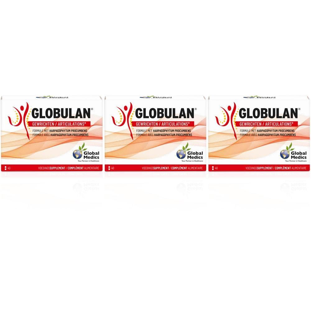 Trois boîtes de Globulan, complément alimentaire pour les articulations, avec curcuma, harpagophytum et boswellia.