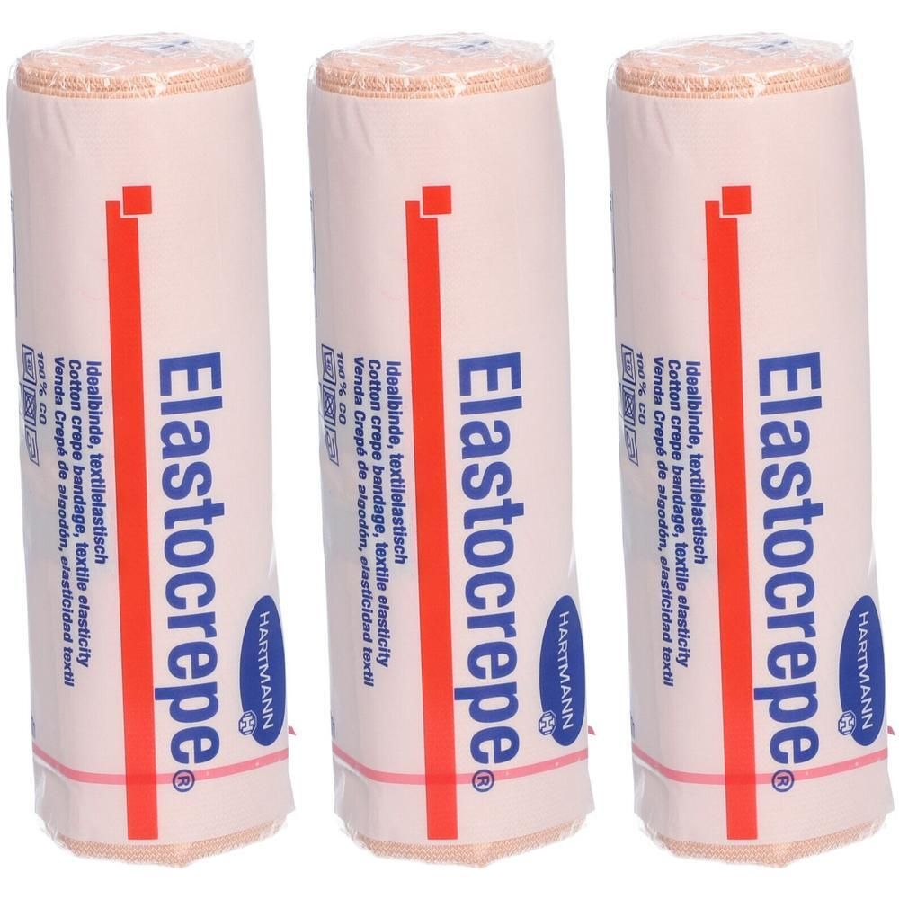 Trois rouleaux de bande Hartmann Elastocrepe, bandage textile élastique.