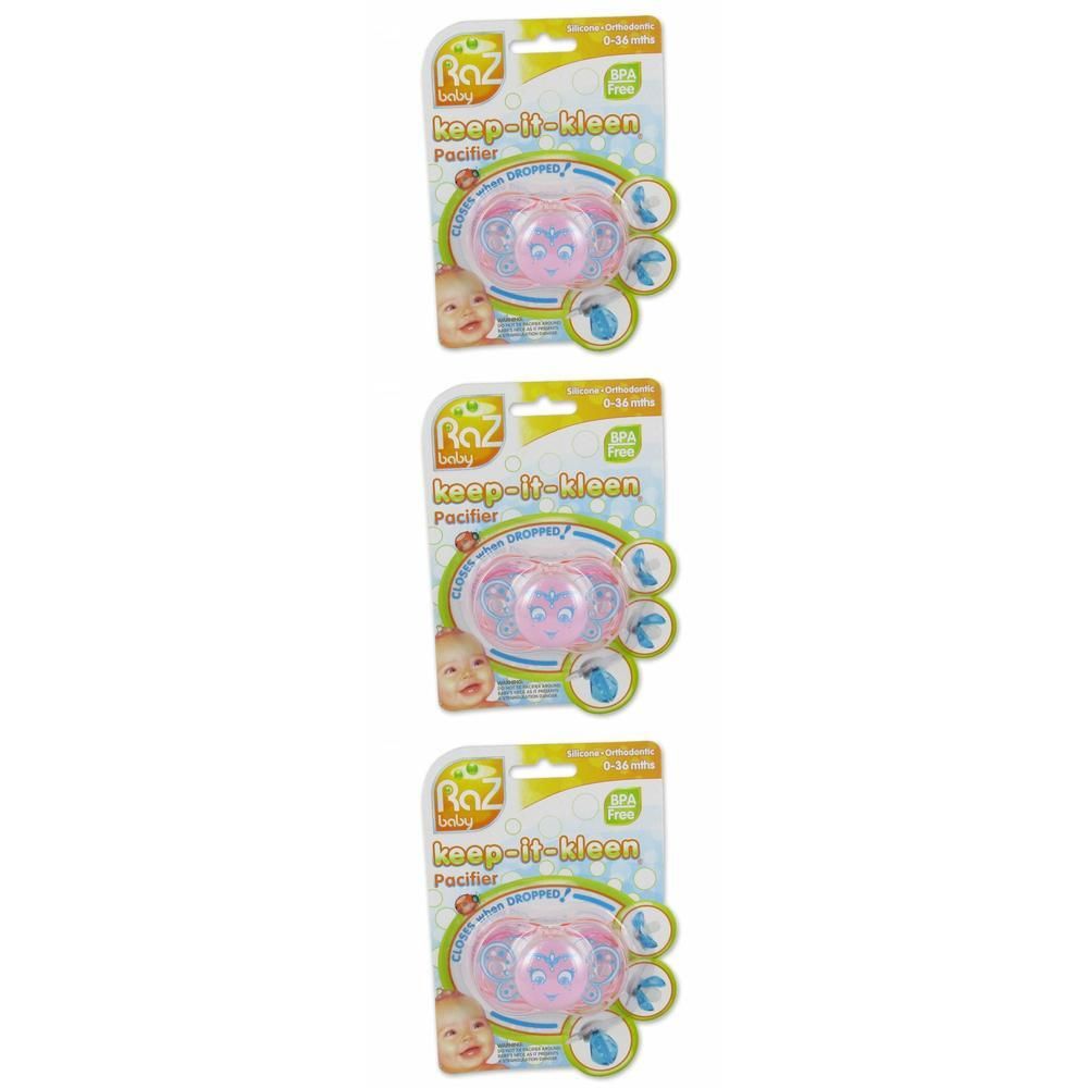 Drie Raz Baby vlinder fopspenen, roze, in individuele verpakking.