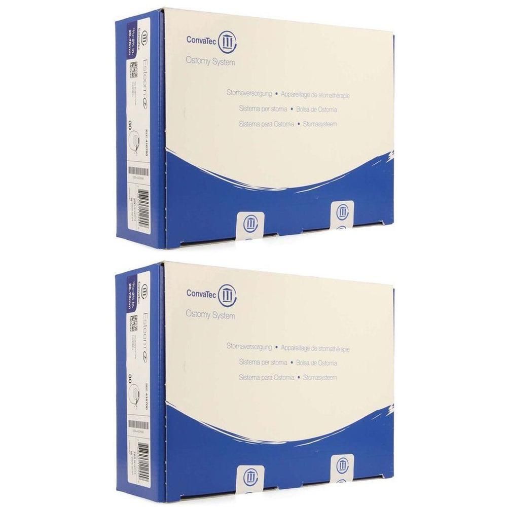 Deux boîtes ConvaTec Ostomy System, bleues et blanches, avec informations produit.