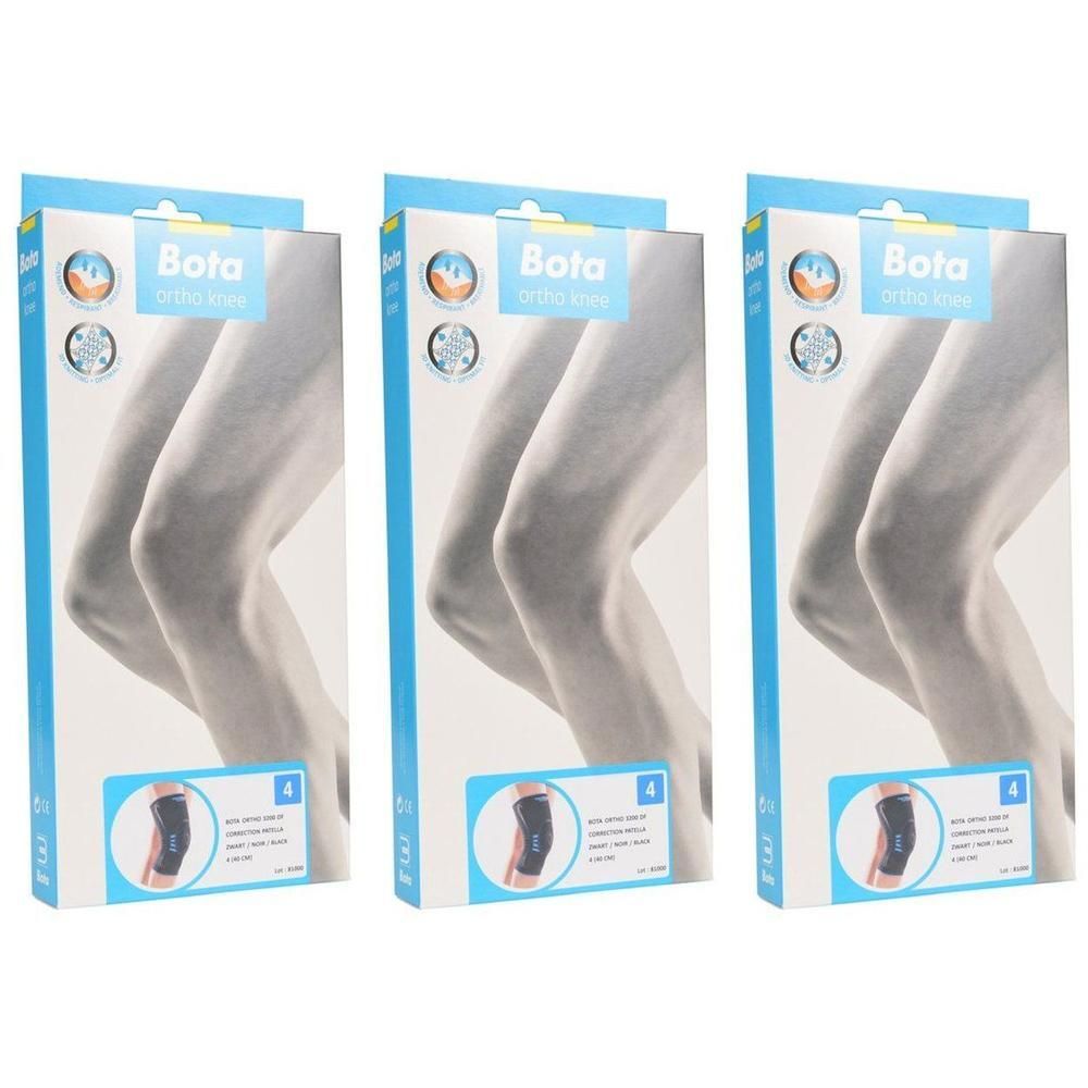 Drie verpakkingen Bota Ortho kniebraces met patellacorrectie, zwart, maat 4.