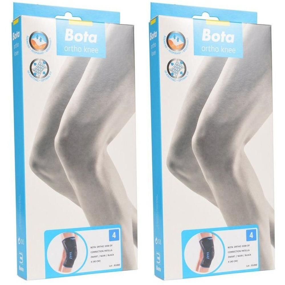 Twee verpakkingen Bota Ortho kniebraces voor patellacorrectie, zwart, maat 4.