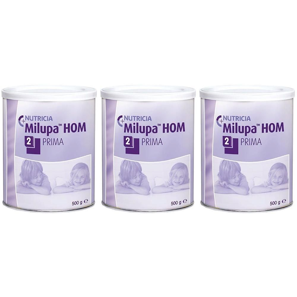 Trois boîtes de lait infantile Milupa HOM 2 Prima, 500g chacune.