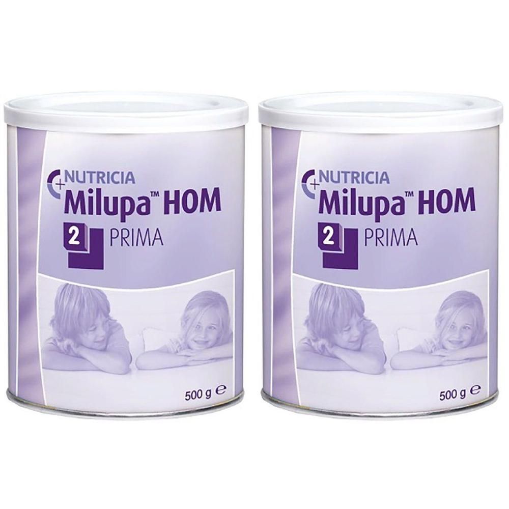 Deux boîtes de lait infantile Milupa HOM 2 PRIMA, 500g chacune.
